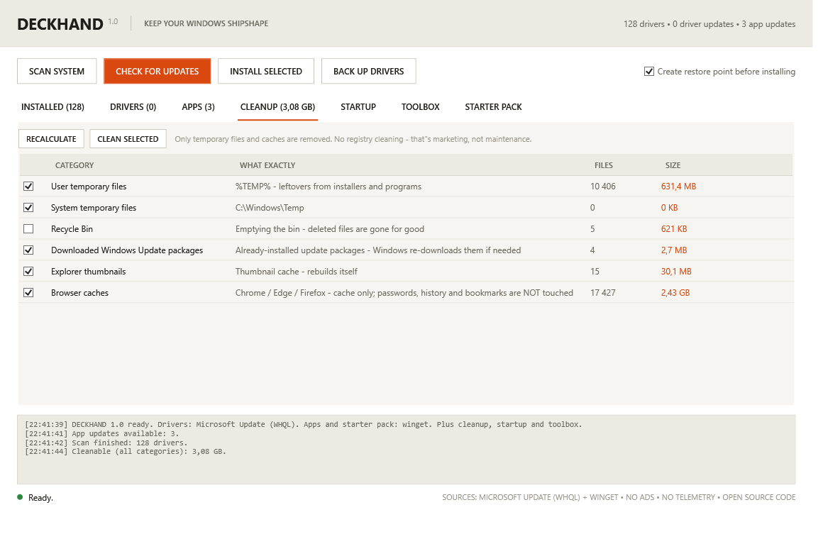 DECKHAND - the CLEANUP tab: temp file categories with file counts and sizes, 3 GB recoverable