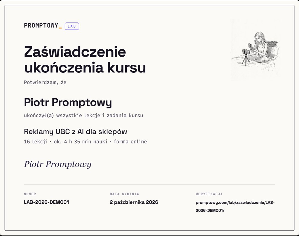 Wzór zaświadczenia ukończenia kursu AI w PROMPTOWY LAB z numerem i adresem weryfikacji
