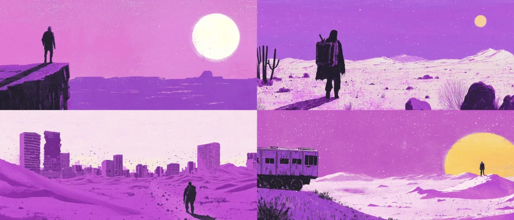 nadwrazliwyai_post-apocalyptic_desert_lone_traveler_885a9b08-aec0-431c-9f77-703bf7197bf0 - Promptowy SREFs w Midjourney - Co to jest i jak z niego korzystać? 🚀 - ilustracja 11