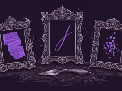 Three ornate frames on a dark purple background display purple artworks: left shows stacked brush strokes, center features a purple cursive letter, right shows bubbles; a trowel sits in front on the ground.