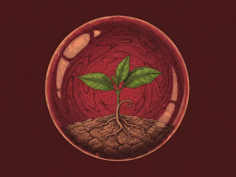 Young plant with two green leaves sprouting from soil inside a red circular container.
