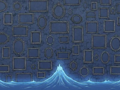 Blue wall covered with empty picture frames of various shapes and sizes, with stylized blue waves crashing along the bottom, creating a surreal scene.