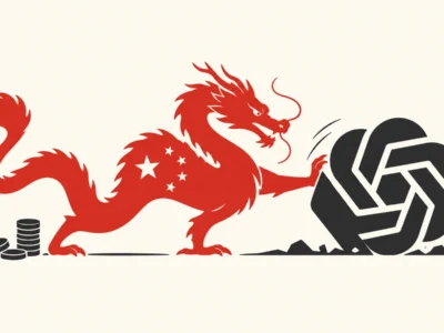 Red Chinese dragon pushes against a large dark interlocking logo, with coins on the left.