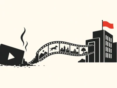 Taśma filmowa prowadząca od gasnącego ekranu do biurowca