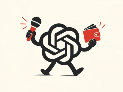 Symbol OpenAI trzymający mikrofon i portfel