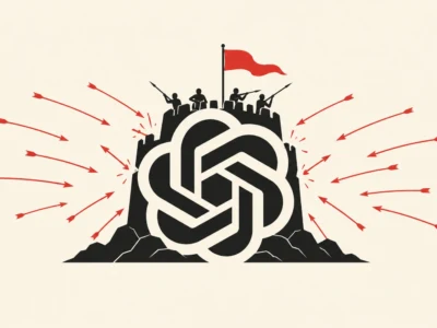 Symbol OpenAI jako twierdza odpierająca czerwone strzały