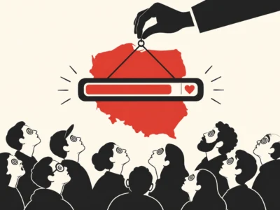Wskaźnik zbiórki zawieszony nad mapą Polski i tłumem