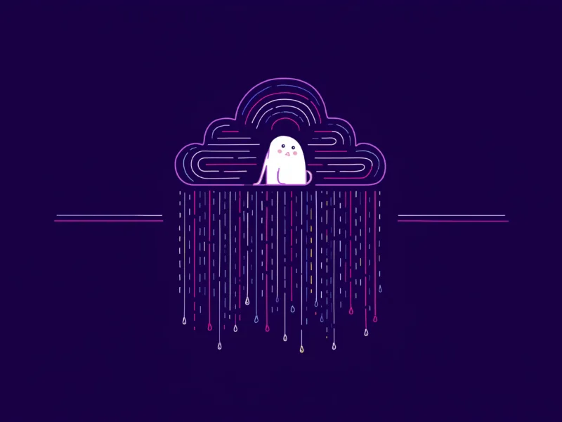 Cute white ghost under a neon rainbow cloud with multicolored rain falling on a dark purple background.