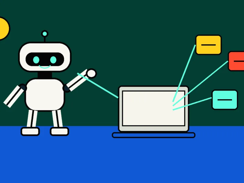 Minimalistyczna ilustracja robota przy laptopie i firmowych paneli na butelkowozielonym tle.