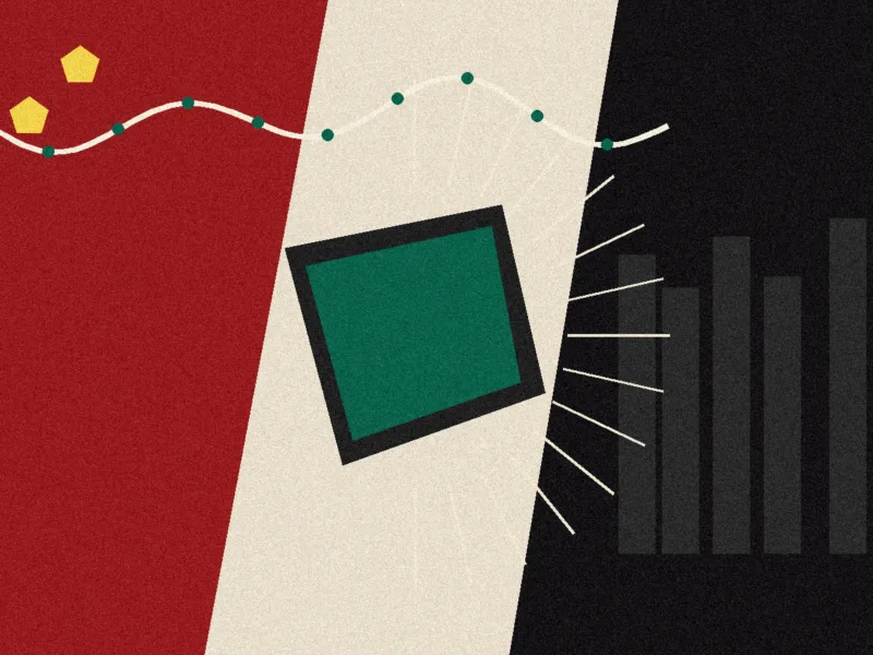 Ilustracja układu scalonego, chińskiego pejzażu technologicznego i serwerów w czerwieni, czerni i kremie.