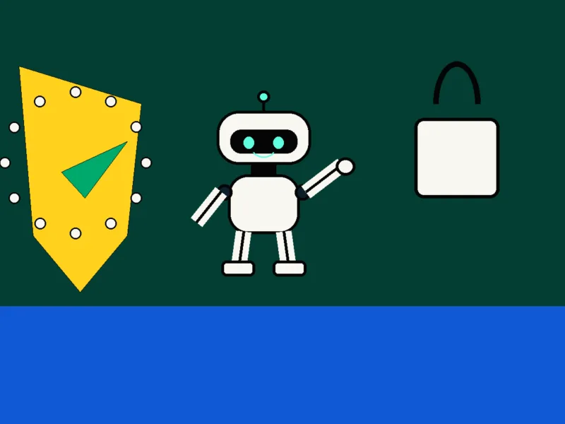 Minimalistyczna ilustracja robota, tarczy i symboli bezpieczeństwa na butelkowozielonym tle.
