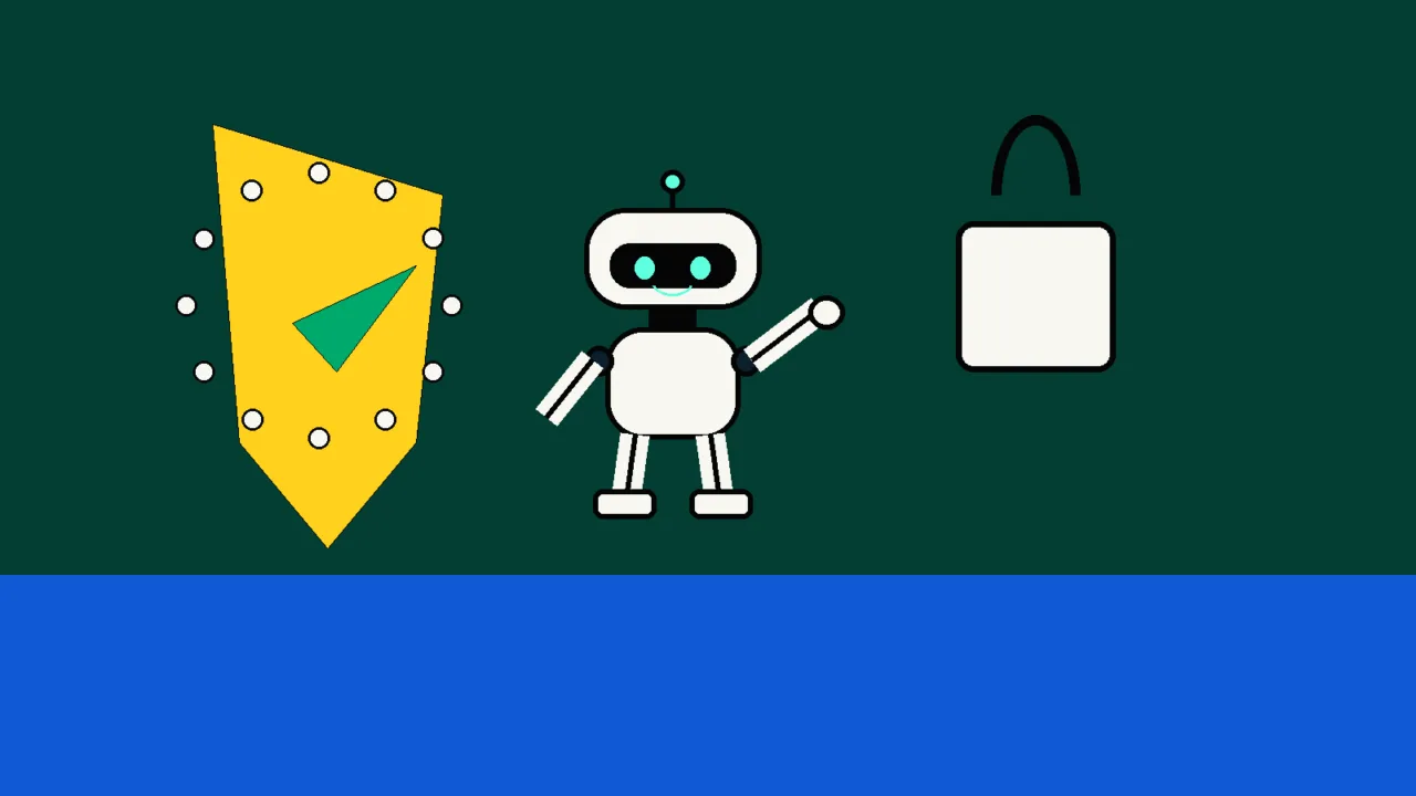 Minimalistyczna ilustracja robota, tarczy i symboli bezpieczeństwa na butelkowozielonym tle.