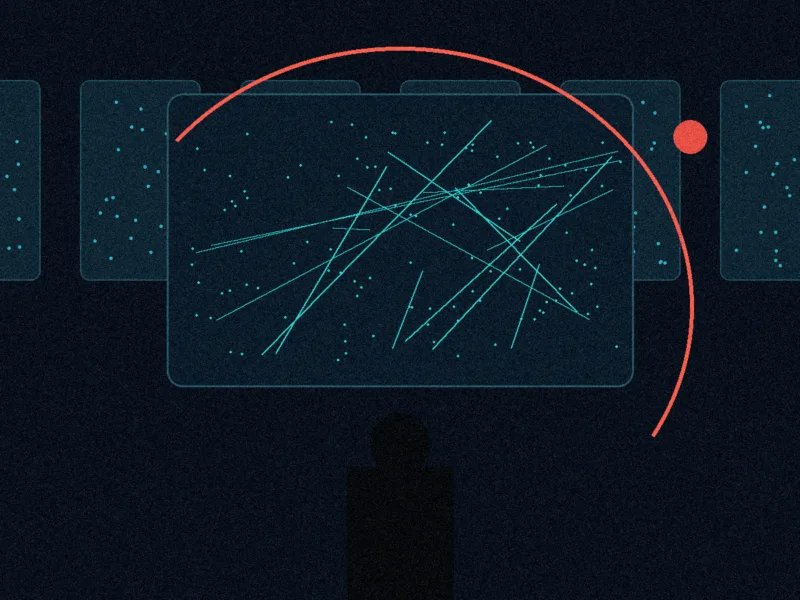Ciemna ilustracja centrum dowodzenia cyberbezpieczeństwem z ekranami, mapą sieci i sylwetką żołnierza.