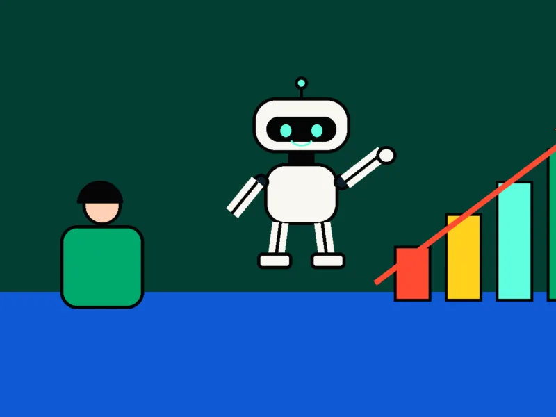 Minimalistyczna ilustracja człowieka, robota i wykresu wzrostu na butelkowozielonym tle.