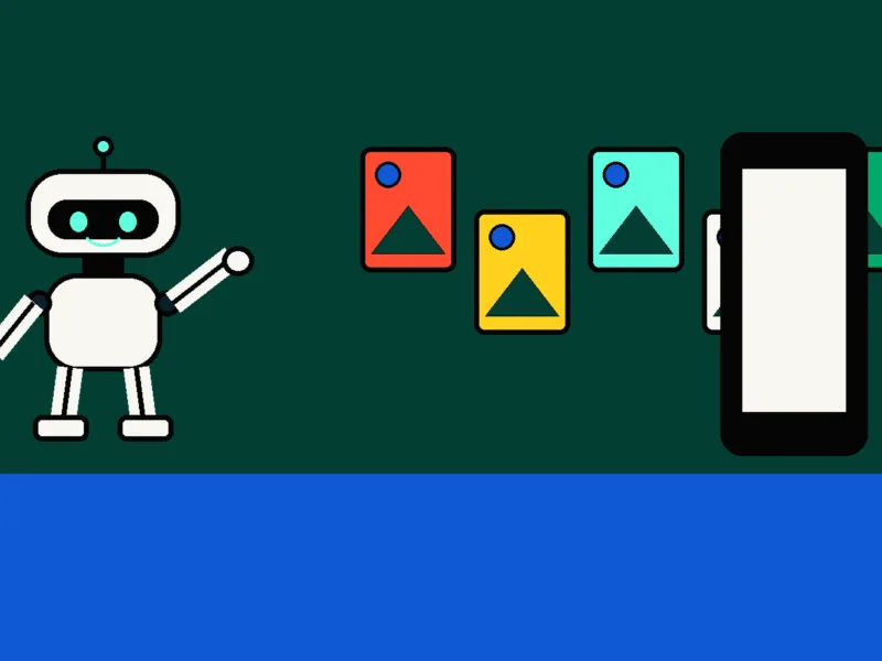Minimalistyczna ilustracja robota prezentującego karty z obrazami i telefon na butelkowozielonym tle.