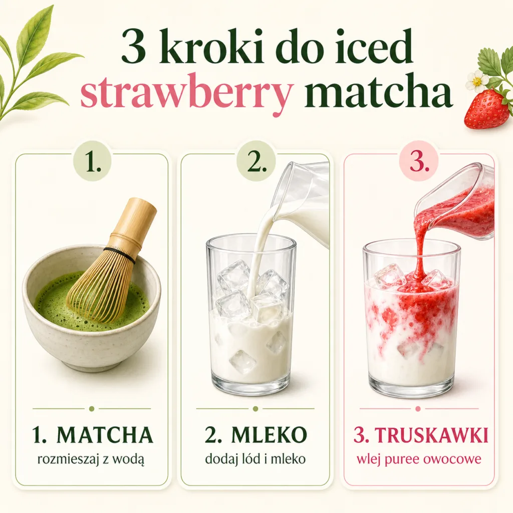 Infografika z trzema krokami do iced strawberry matcha.