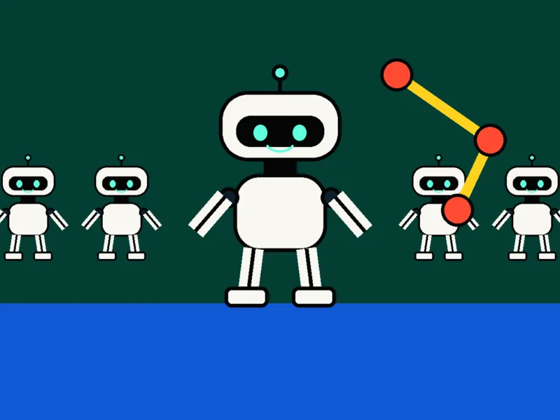 Minimalistyczna ilustracja dużego robota i mniejszych robotów w laboratorium na butelkowozielonym tle.