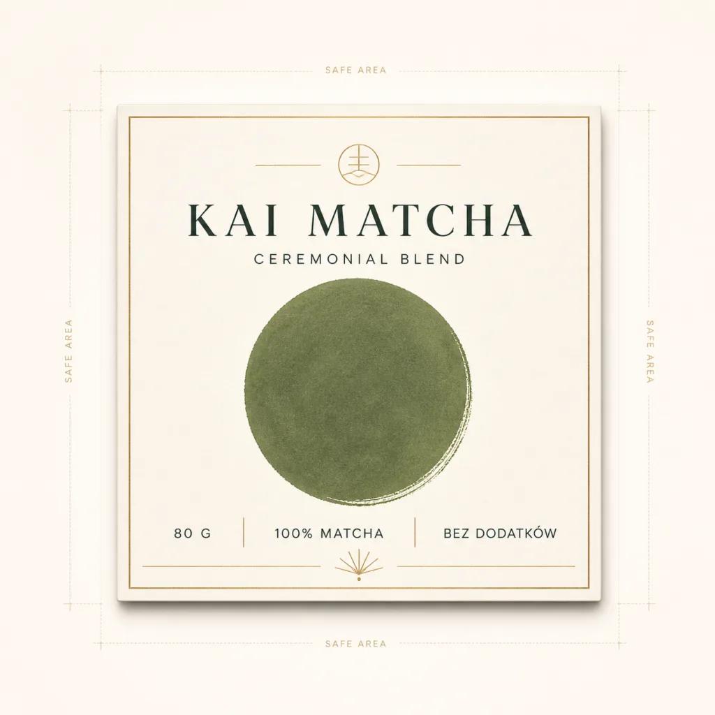 Projekt etykiety opakowania KAI MATCHA z zielonym okręgiem.