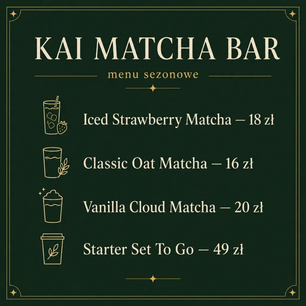 Minimalistyczna tablica menu KAI MATCHA BAR.