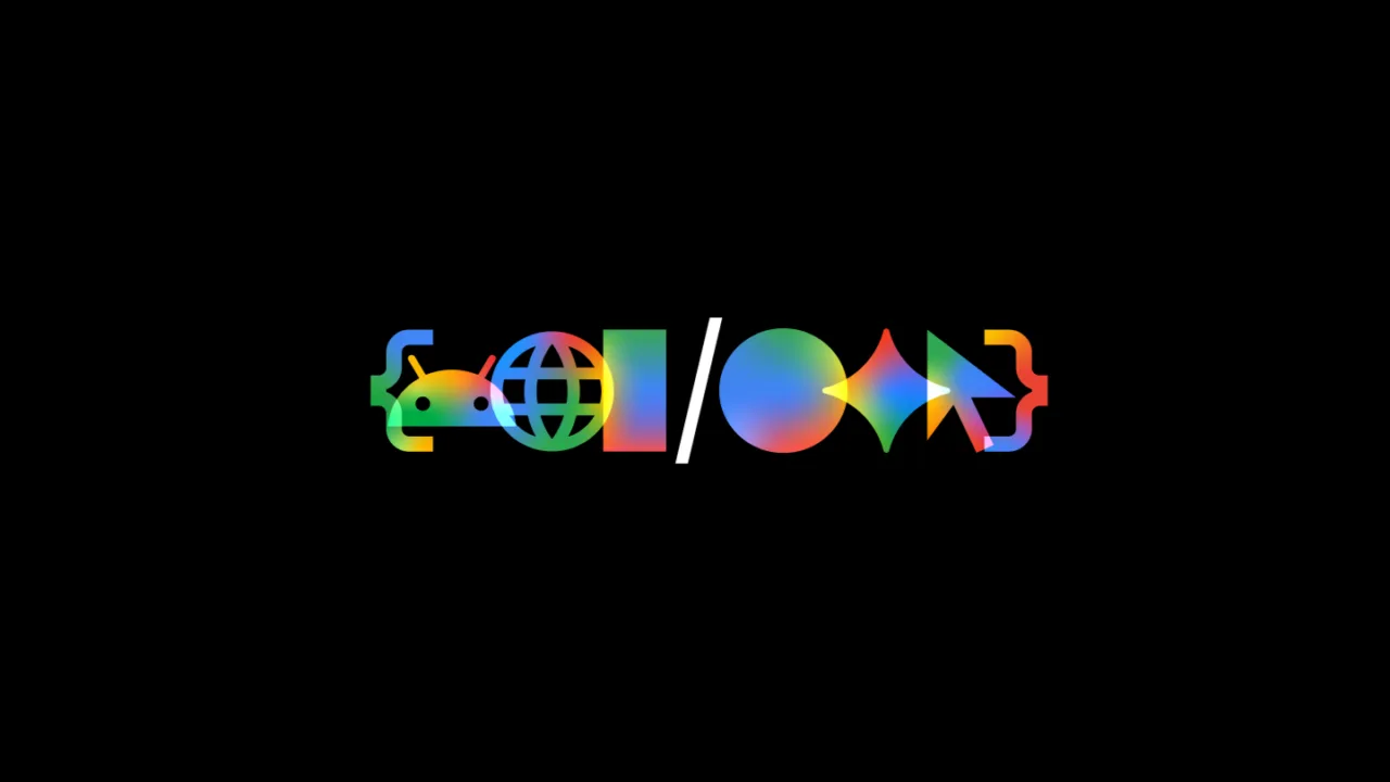 Colorful Google I/O logo centered on a black background (event branding).