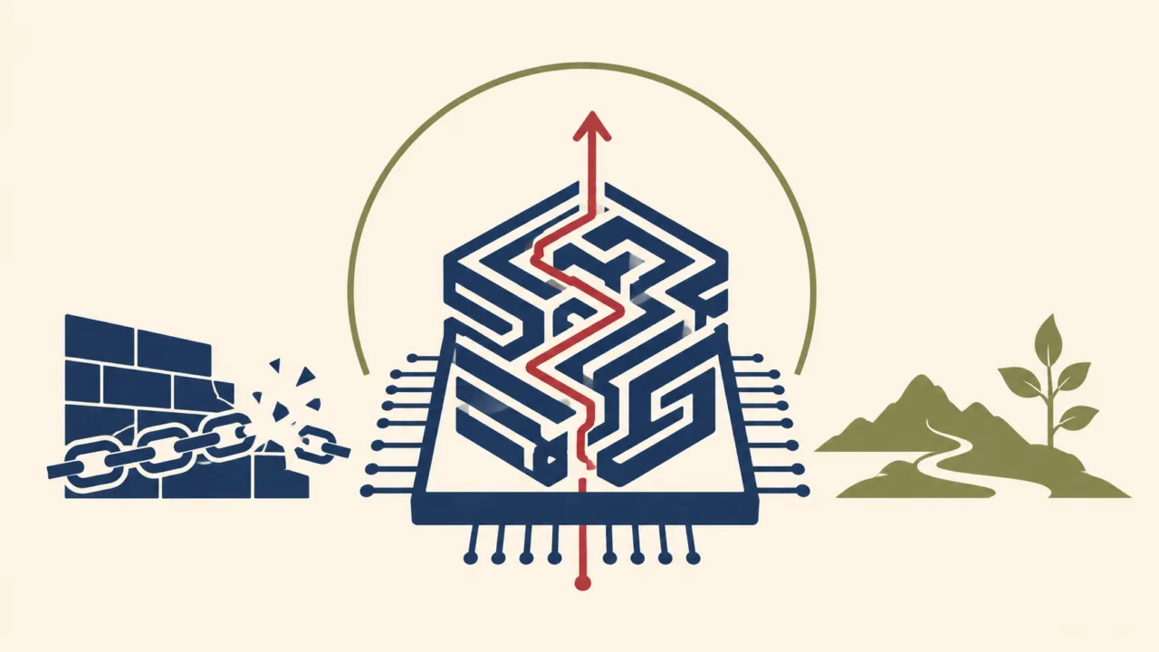 Abstract maze in a blue cube with a red path climbing to an upward arrow, breaking a wall on the left and hills with a plant on the right.