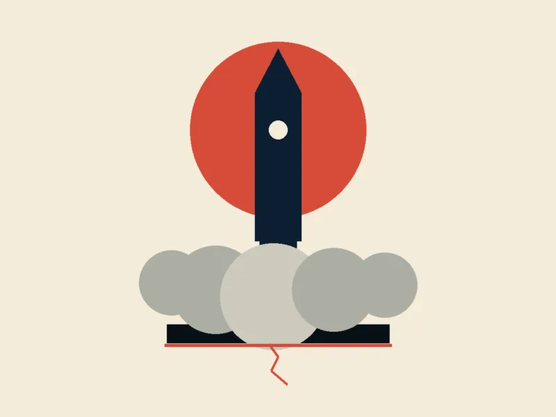 Minimalistyczna ilustracja rakiety na platformie startowej z prostą chmurą dymu.