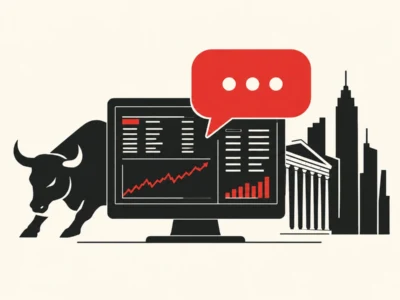 Terminal finansowy z czerwonym bykiem nad miastem - Promptowy Terminal finansowy z czerwonym bykiem nad miastem