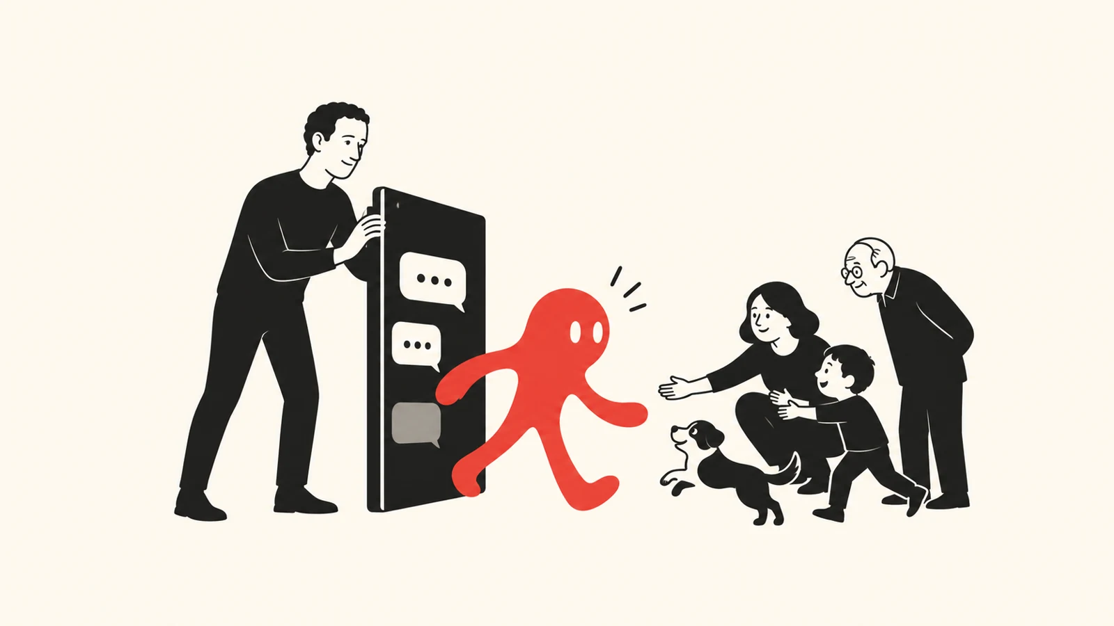 Dorosły przy telefonie oddzielającym dziecko od czerwonej postaci
