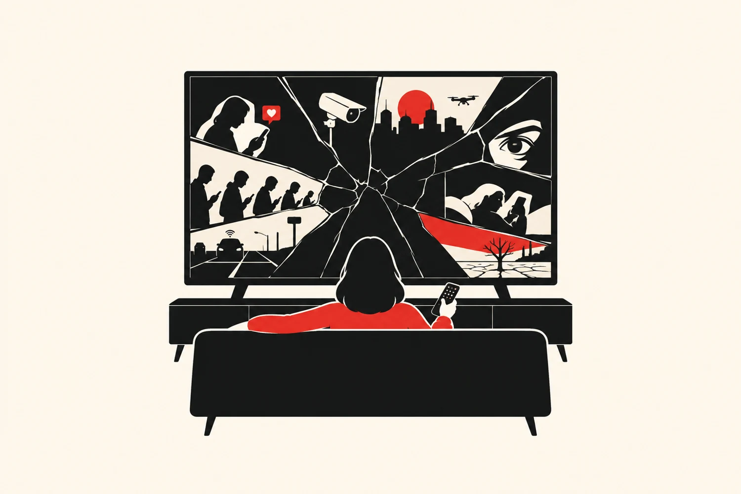 Person sitting on a sofa watching a cracked TV screen that shows surveillance and digital-life scenes (drone, city skyline, eye, people on phones).
