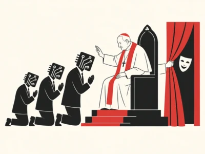 Religious figure in white robes and red sash blesses three kneeling people whose heads are computer circuit boards, suggesting AI dehumanization or tech worship.