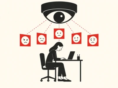Worker at a desk typing on a laptop while a large eye looms above, with red mood icons hanging from dotted lines nearby, depicting surveillance of emotions in the workplace.