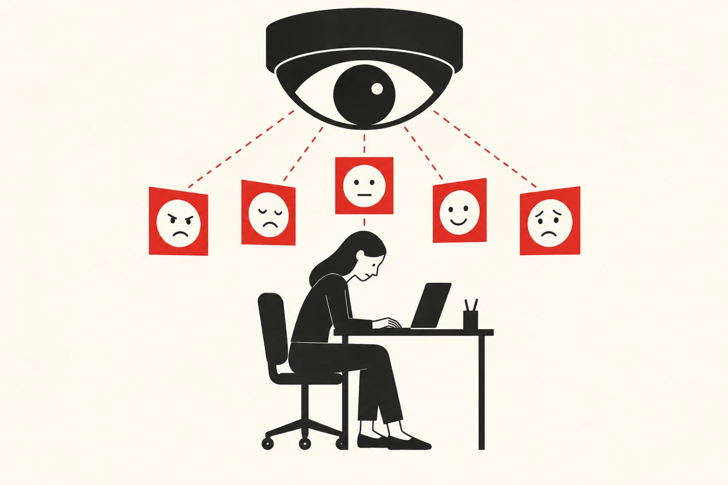 Pracownik przy laptopie pod okiem kamery i kartami emocji - Promptowy Worker at a desk typing on a laptop while a large eye looms above, with red mood icons hanging from dotted lines nearby, depicting surveillance of emotions in the workplace.