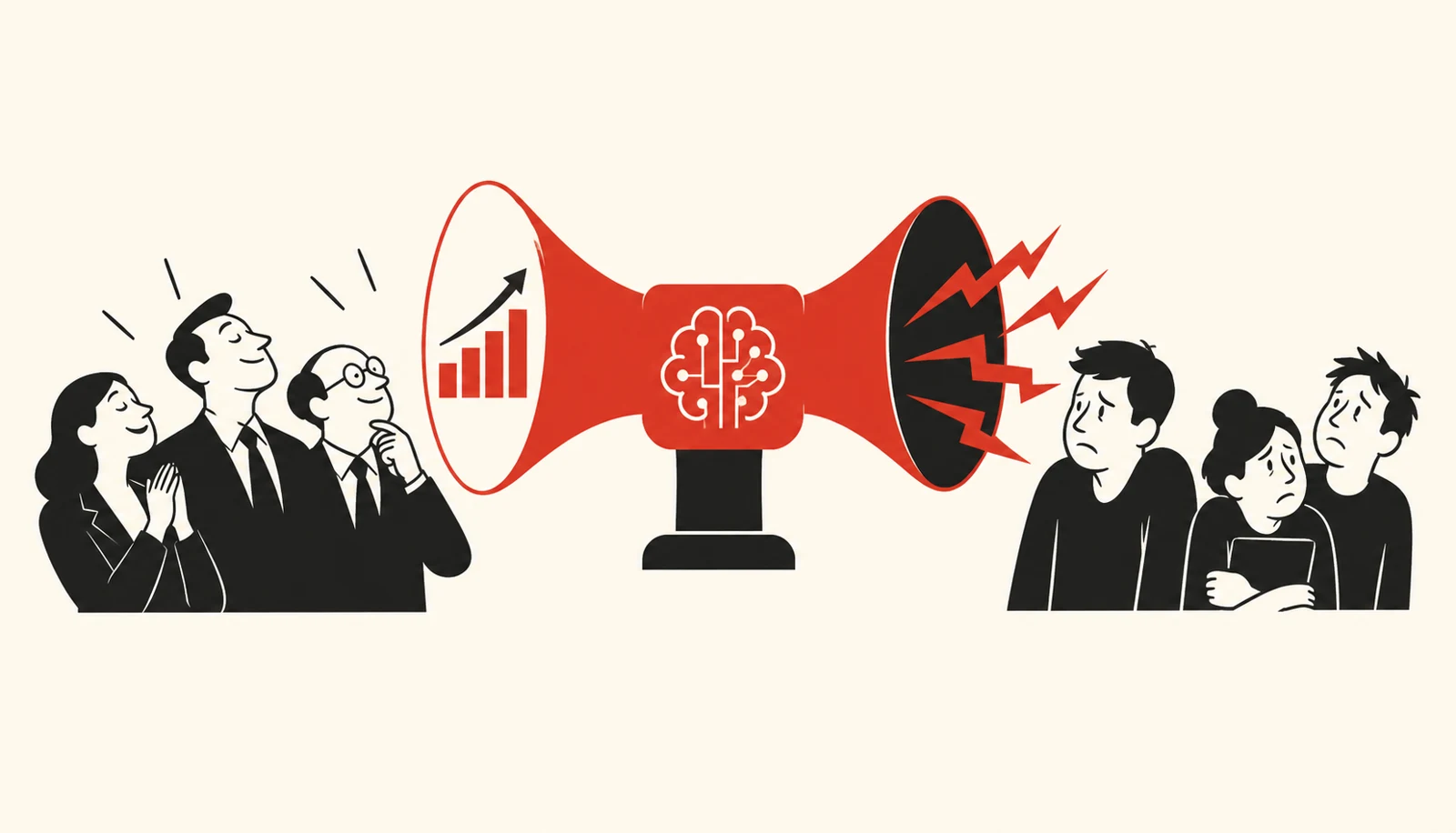 Businesspeople on the left watch a red megaphone with a brain symbol, while anxious coworkers on the right react to loud signals and fear.
