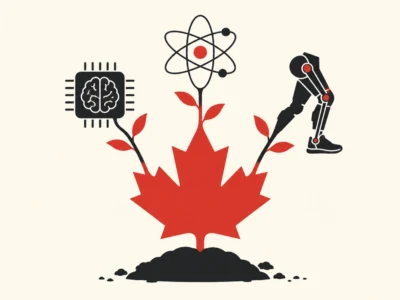 Red maple leaf sprouting from soil with a brain-chip on the left, an atomic model above, and a robotic leg on the right-the Canada-innovation theme.