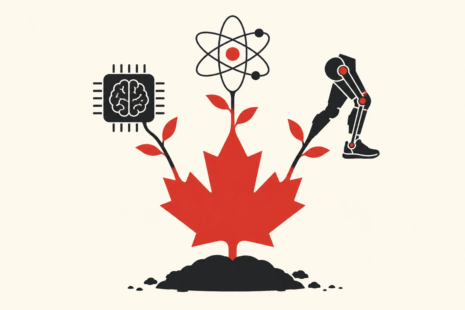 Układ scalony atom i mechaniczna dłoń nad liściem klonu - Promptowy Red maple leaf sprouting from soil with a brain-chip on the left, an atomic model above, and a robotic leg on the right-the Canada-innovation theme.