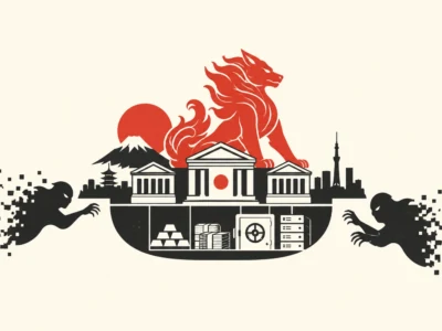 Stylized scene with a red guardian lion above a bank/temple complex, mountains and sun in the background, and two black monsters dissolving into pixels on either side of the skyline.