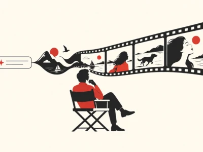 Reżyser przed taśmą filmową połączoną z kartą opisu