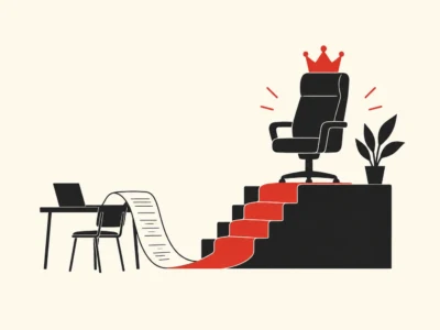 Promotion concept: crowned office chair at the top of a red-carpet staircase on a raised platform, with a desk and plant below