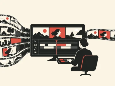 Video editor at a desk, monitor showing a sequence of video frames as film strips stream from the left side of the screen and wrap around the display.