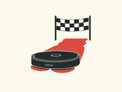 Robot vacuum follows a red path toward a black-and-white checkered finish line banner on a pale background (race/finish line theme).