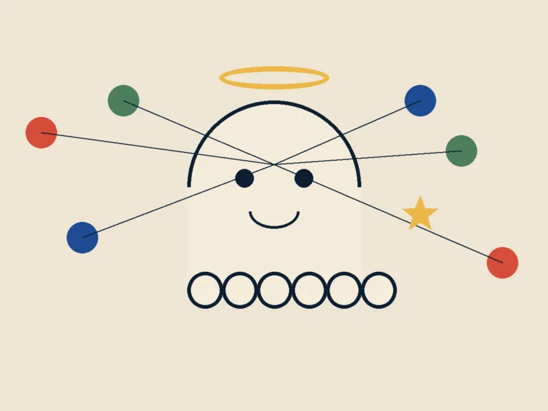 Minimalistyczna ilustracja ducha-anioła połączonego z węzłami społecznościowymi.