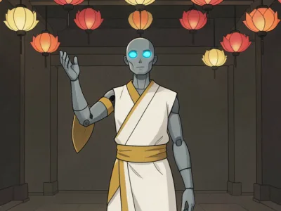 Blue humanoid robot in white and gold robes raises one hand in a lantern-lit temple hall, eyes glowing blue.