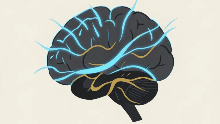 Ilustracja ludzkiego mózgu z niebieskimi i pomarańczowymi ścieżkami neuronowymi.