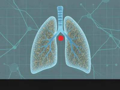 Illustration of human lungs with a red spot near the center highlighting a potential abnormality or lesion.