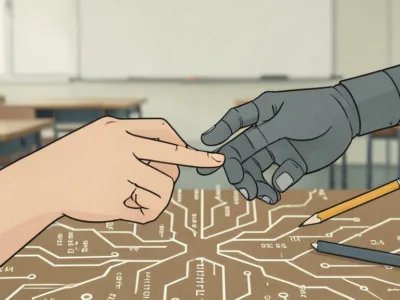 A human finger and a robotic finger touch over a circuit-like blueprint on a desk, symbolizing collaboration between people and technology in a classroom setting.
