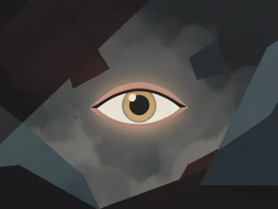 Abstract image of a single yellow eye in a cloudy, geometric dark background.