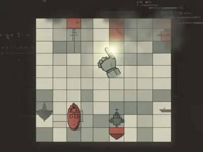 Grid-based puzzle board with ships and a glowing finger pointing at the center in the foreground.