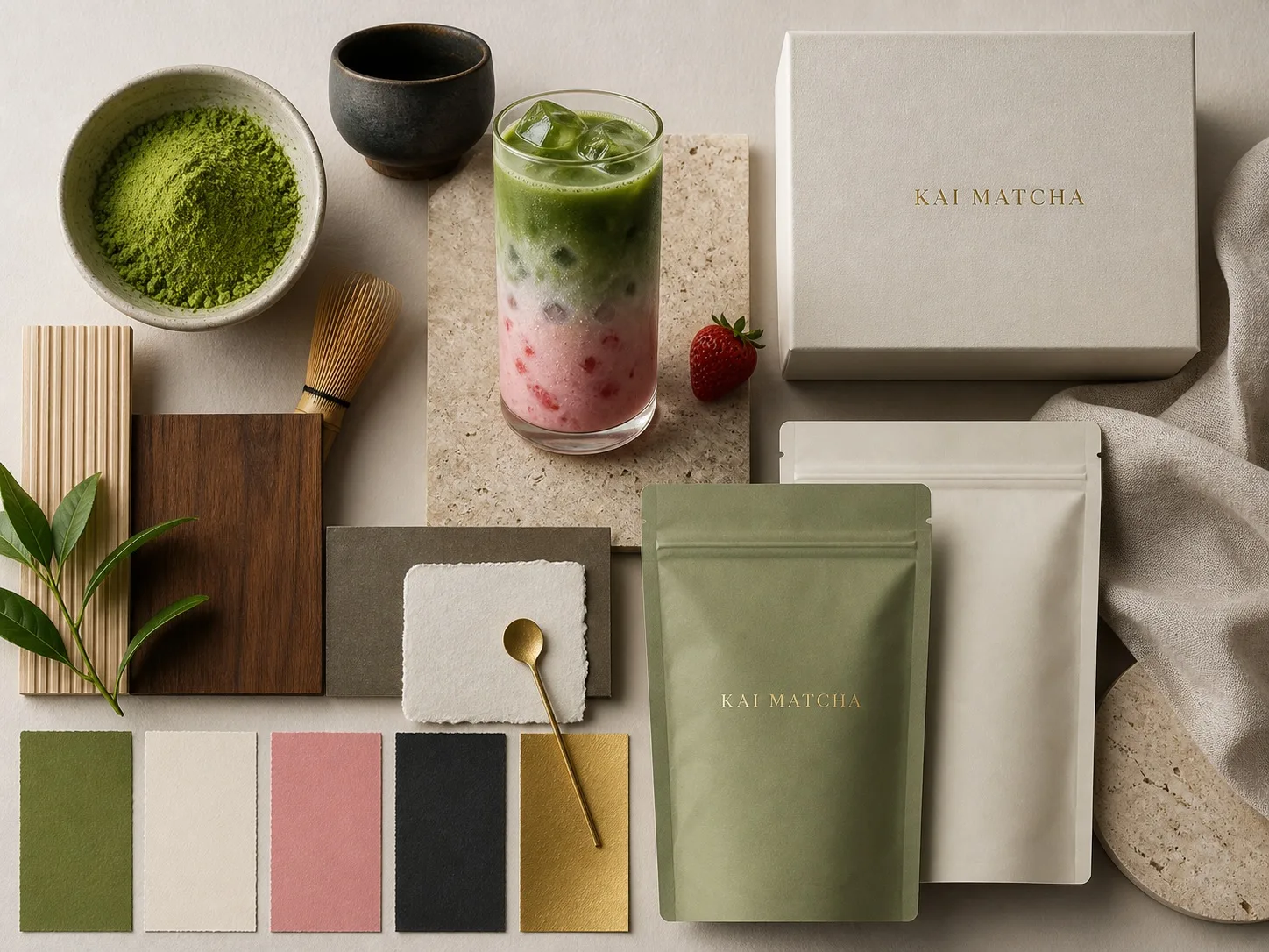 Style board marki KAI MATCHA z paletą kolorów, materiałami i produktem.