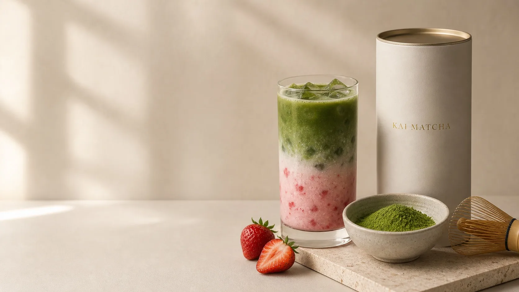 Key visual kampanii KAI MATCHA z produktem po prawej i miejscem na copy.