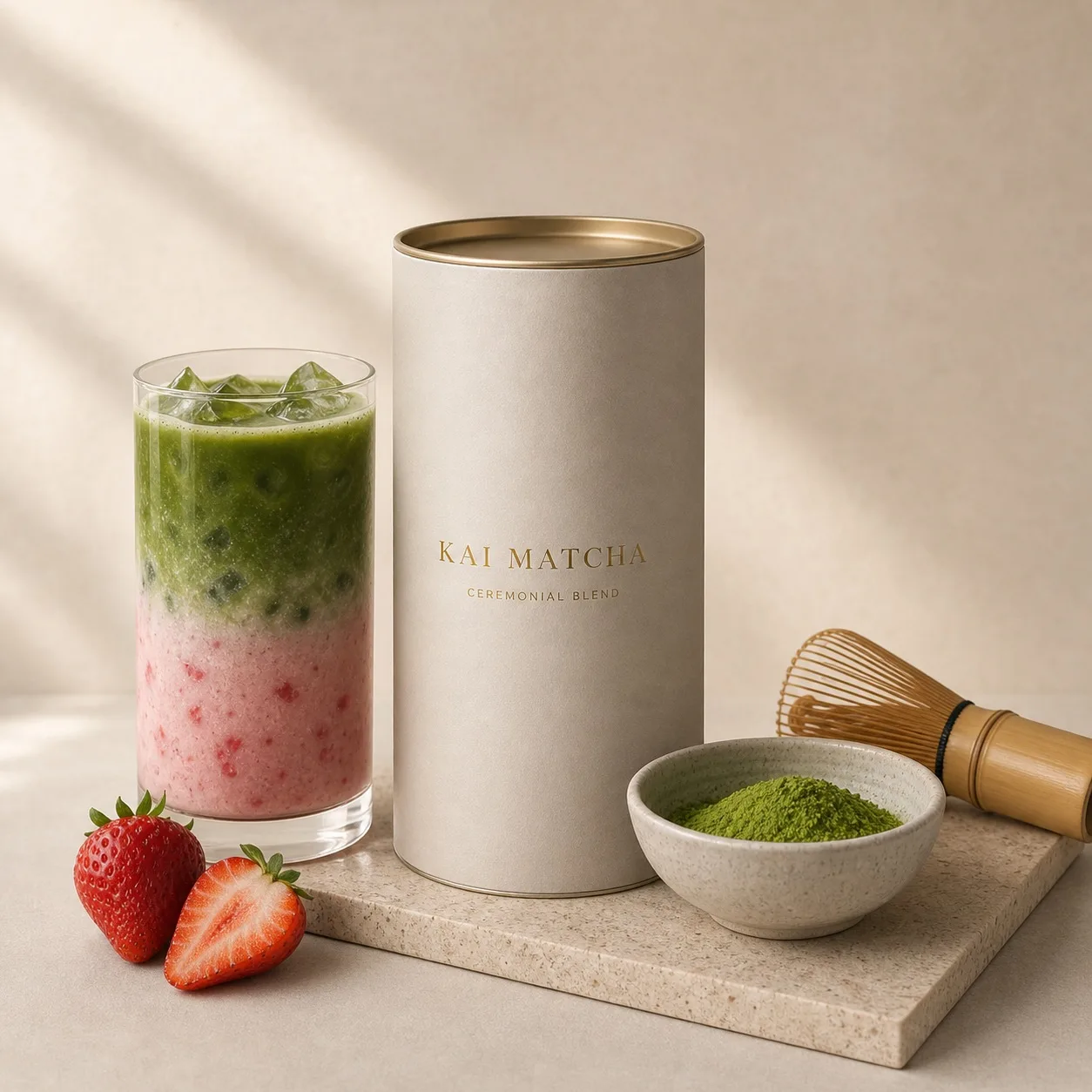 Packshot produktu KAI MATCHA z puszką, matchą, trzepaczką i napojem.
